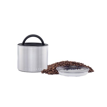 Planetary Design Airscape Stainless Steel Coffee Canister  Food Storage Container  Patented Airtight Lid  Push Out Excess Air Preserve Food Freshness Small Brushed Steel