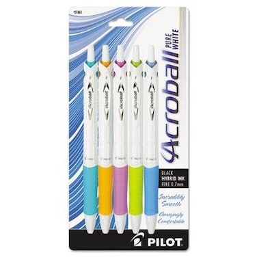 PILOT Acroball PureWhite Pen 07 mm Black Ink TurquoiseOrangePurpleLimeBlue 5Pack PIL31861