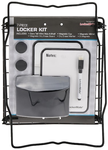 LockerMate 7Piece Locker Organizer Kit Includes Locker Shelf Mirror Whiteboard Storage Cup  Dry Erase Marker  Black