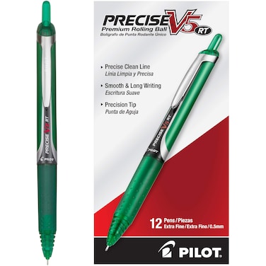 Pilot Precise V5 RT Refillable  Retractable Rolling Ball Pens Extra Fine Point 05 mm Green Pack of 12