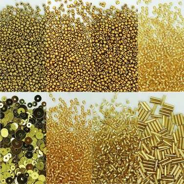 Many Kinds of Craft Beads Including Glass Bugle Seed Beads Sequins Beads for DIY Arts Crafts Sewing Embroidery Clothing Jewelry Making Golden