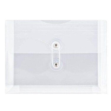 JAM PAPER Plastic Envelopes with Button  String Tie Closure  Index Size  5 12 x 7 12  Clear  12Pack