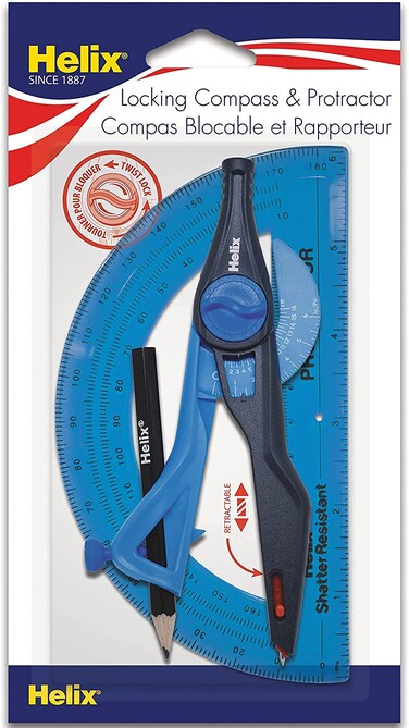 Helix  Plastic Locking Compass and Protractor  2 Piece Set  Geometry Drafting  Drawing