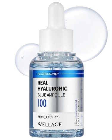 WELLAGE Real Hyaluronic Blue Ampoule 100 Fragrance Free Hyaluronic Acid Ampoule Hydrating Non Sticky Serum for Sensitive Dry Skin 101 floz