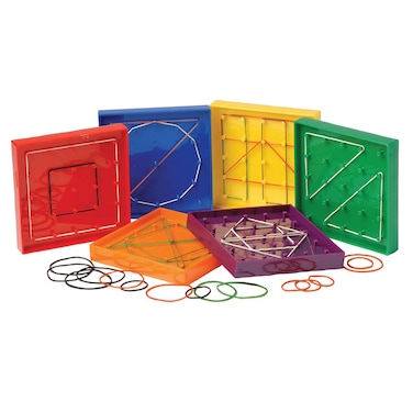 Constructive Playthings Set of Six 5 sq Geoboards Each with a Package of 20 Rubber Bands for Creative Design for Ages 3 Years and Up
