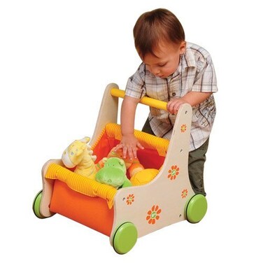Constructive Playthings Beginners Buggy Baby Push Toy Holds Baby Dolls and Toddler Toys Wood NonToxic WaterBased Paint FrictionControl Wheels Ages 12 Months and Older