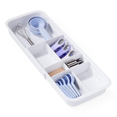 YouCopia DrawerFit Sliding Drawer Tray with Adjustable Dividers Expandable Kitchen Storage Organizer Speckled White