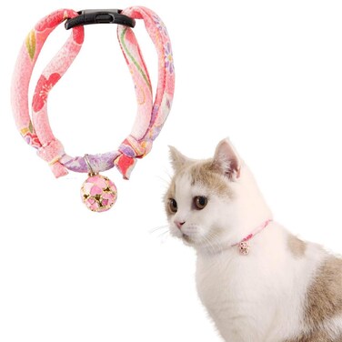 Necoichi Chirimen Cat Collar with Clover Bell Pastel Pink