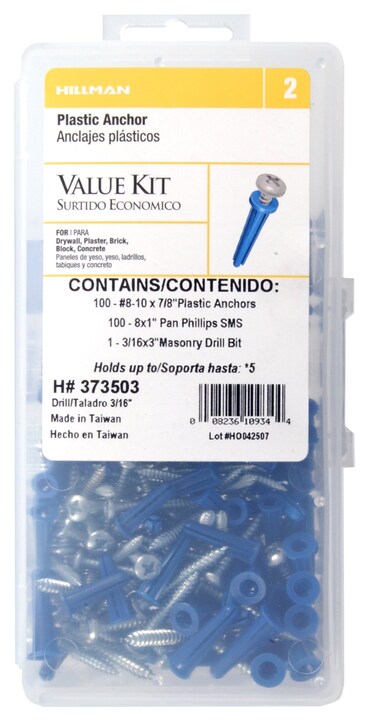 Hillman 373503 Plastic Anchor Kit 810x78 As Shown in Image