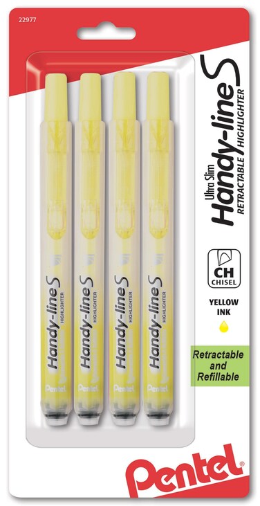 Pentel Handyline S Retractable Highlighter Chisel Tip Yellow Ink 4 Pack SXS15BP4G