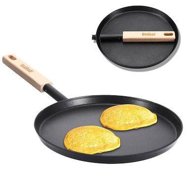 bodkar Frying Pan Skillet 8inch Flat Griddle Pan Lightweight Grill Pan with Wooden Handle for Camping Indoor Outdoor Cooking