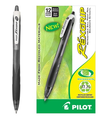 Pilot RexGrip BeGreen Refillable  Retractable Ballpoint Pens Medium Point Black Ink 12Pack 32370