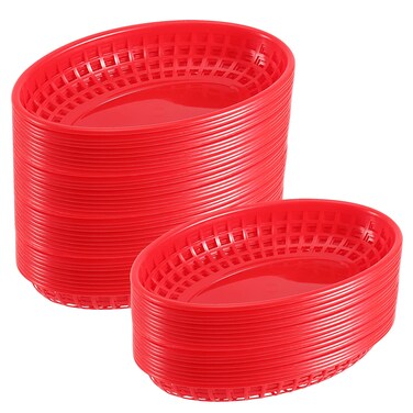 MOUYAT 50 Pcs Red Plastic Baskets 9 x 6 Inch Oval Fast Food Serving Baskets Food Service Baskets Restaurant Hot Dogs Baskets for Serving Bread Fried Chicken Frys Fruit