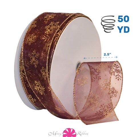 Morex Ribbon 74056050619 Snowflake 25 X 50 YD Nylon Sheer Wired Glitter Ribbon BurgundyGold Ribbon Art Supplies for Christmas Decorations Indoor Christmas Ribbon for Gift Wrapping Art Set