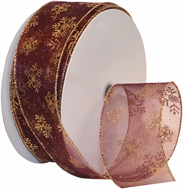 Morex Ribbon 74056050619 Snowflake 25 X 50 YD Nylon Sheer Wired Glitter Ribbon BurgundyGold Ribbon Art Supplies for Christmas Decorations Indoor Christmas Ribbon for Gift Wrapping Art Set