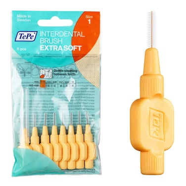 TEPE Interdental Brush Extra Soft Supersoft Dental Brush for Teeth Cleaning Pack of 8 045 mm ExtraSmallSmall Gaps Orange Size 1