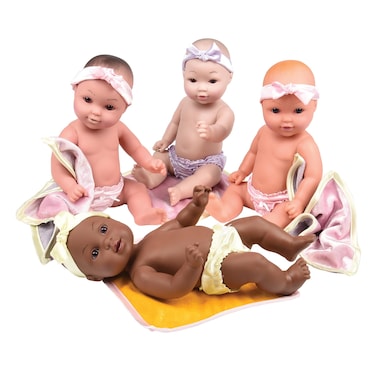 Constructive Playthings Tender Touch 12 H Multicultural Baby Doll Toys Set with Blankets Headbands and Panties Set of 4 Diverse Baby Dolls for Kids Multicolor