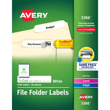 Avery TrueBlock File Folder Labels 23 x 3716 1500 Printable Labels White Permanent 5366