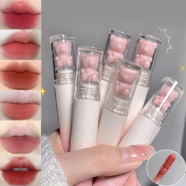 6pcs Pink Bear Matte Lip Gloss Cute Bear Liquid Lipstick Lip Stain Long Lasting Waterproof Smooth Lip Gloss Lip Glaze Mud Texture Lightweight High Pigment Color Makeup