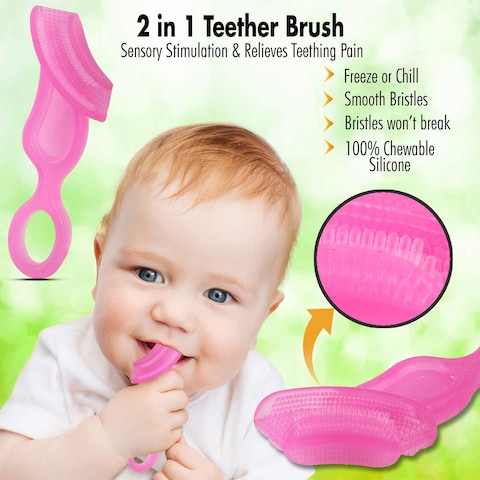 Brilliant Oral Care Babys First Toothbrush Smooth Silicone Bristles Gently Clean Tender Teeth and Gums for Ages 4 Months Pink 1 Pack