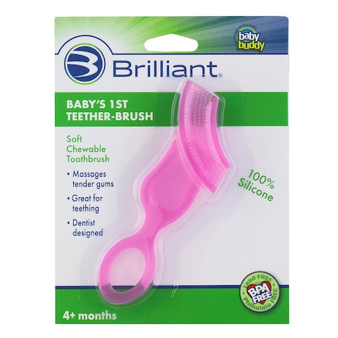 Brilliant Oral Care Babys First Toothbrush Smooth Silicone Bristles Gently Clean Tender Teeth and Gums for Ages 4 Months Pink 1 Pack