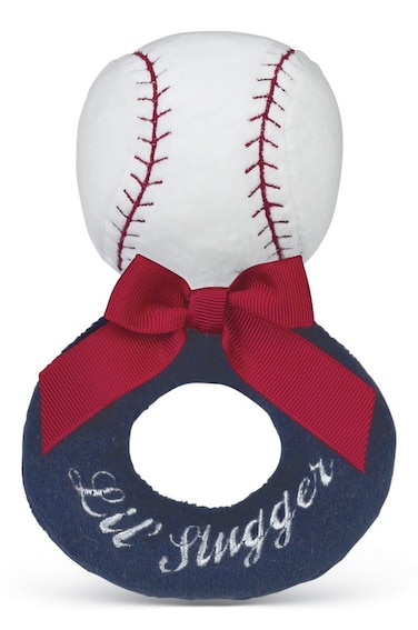 Bearington Baby Lil Slugger 55 Inch Red White and Blue Plush Stuffed Baby Baseball Soft Ring Rattle