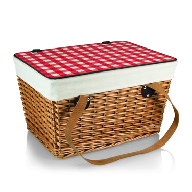 PICNIC TIME Canasta Wicker Picnic Basket With Lid Small Picnic Basket For 2 Beige Canvas With Red  White Gingham Pattern Lid