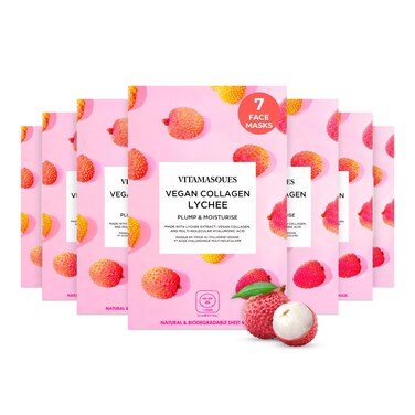 Vitamasques Vegan Collagen Lychee Face Sheet Mask Plumping  Moisturizing Facial Mask with Lychee Extract  Hyaluronic Acid  Natural  Biodegradable
