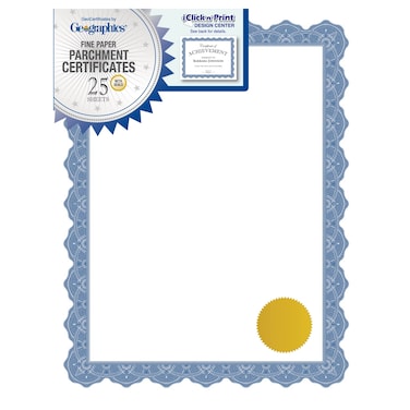 Geographics Optima Blue Blank Award Certificate Paper with Gold Foil Seals 85 x 11 Seal 175 Pack of 25