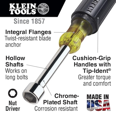 Klein Tools 63011MM 11 mm Nut Driver with 3Inch Hollow Shaft and Cushion Grip Handle Made in USA
