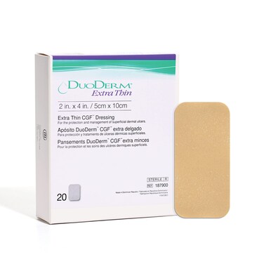 ConvaTec DuoDERM Extra Thin Control Gel Formula 2x4 Hydrocolloid Sterile Adhesive Dressing for Superficial Wounds Low Friction Flexibile LatexFree Waterproof Rectangle Beige 20ct Box