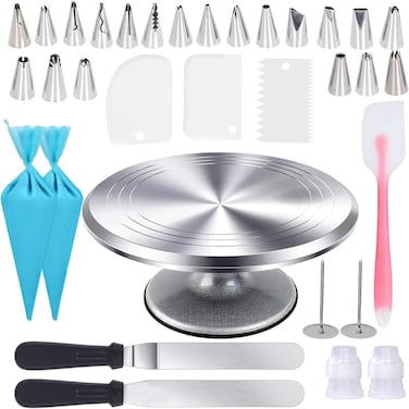Uten 12 Inch Cake Turntable Cake Decorating Supplies Kit 33 pcs Rotating Aluminium Cake Stand Set Baking Tools with 20 Icing Tips Bags 3 Icing Smoother Straight  Offset Spatula Silicone Spatula