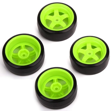 BQLZR 65 mm OD Black Plastic Smooth Tires with Green Wheel Rims for RC 1 10 On Road Racing  Drift Car Pack of 4