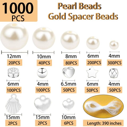 1000Pcs Pearl Beads for Bracelets Making Pearl Beads for Jewelry Making for Adults Silver Bracelet Beads DIY Kit Silver Spacer Beads for Bracelets Women Friendship Bracelet Making Kit Silvery