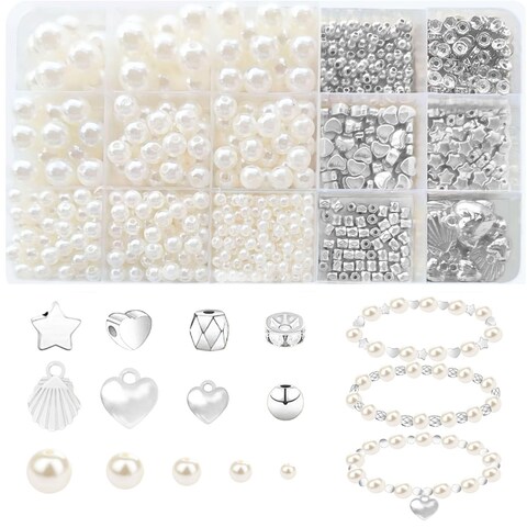 1000Pcs Pearl Beads for Bracelets Making Pearl Beads for Jewelry Making for Adults Silver Bracelet Beads DIY Kit Silver Spacer Beads for Bracelets Women Friendship Bracelet Making Kit Silvery
