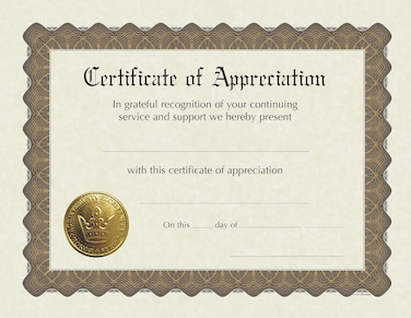 Great Papers Certificate of Appreciation PrePrinted Gold Foil Embossed 85 x 11 6 Count 930000
