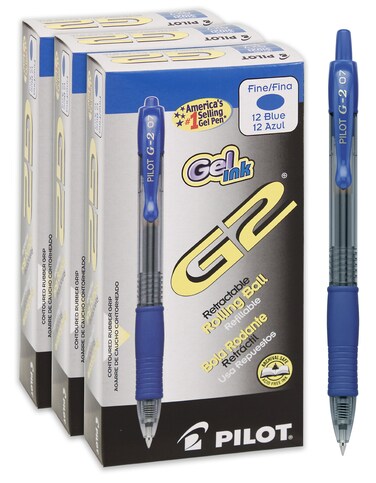 PILOT G2 Premium Refillable  Retractable Rolling Ball Gel Pens Fine Point Blue Ink 12Pack Box Pack of 3 46053