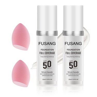 2PCS Color Changing FoundationFull Coverage Foundation Long Lasting Flawless Liquid Foundation Set with 2 Cosmetics SpongeNonGreasy Liquid Cover Concealer Foundation Nude Makeup Base 30ml A