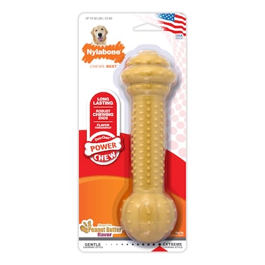 Nylabone Power Chew Barbell Bone Chew Toy for Dogs Durable Dog Toy Peanut Butter Flavor Large  Up to 50 lbs 1 Count
