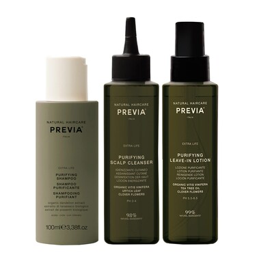 Previa Purifying Scalp Treatment Kit  Extra Life AntiDandruff Shampoo Cleanser and LeaveIn Hair Lotion 34 oz each