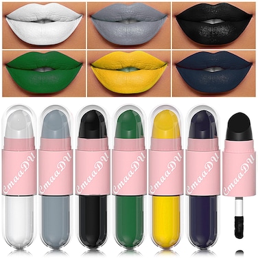 2 in 1 Matte Liquid Lipstick  Velvet Liquid Lip Gloss Stain SetWhite Black Grey Yellow Green Dark Blue Vegan Waterproof Matte Lipstick Professional Long Lasting Lipgloss Makeup Set for Women6Pcs