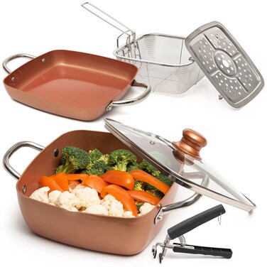 Moss  Stone Copper 6 Piece Set Chef Cookware Non Stick Pan Deep Square Pan Fry Basket Steamer Tray Dishwasher  Oven Safe 5 Quart Copper Pot Set 95 Copper Induction Cookware Set