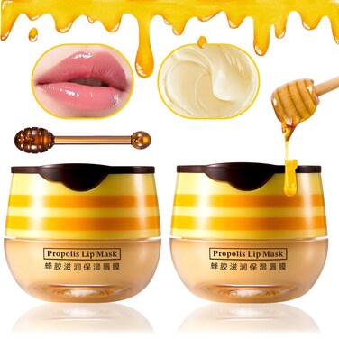 2PCS Bee Lip Balm Honey PotMoisturizing Lip Balm Reduces Lip LinesPropolis Honey Pot Lip Balm Hydrating Prevention Dry and Cracked Lip Scrubs ExfoliatorExfoliating Lip Sleeping Mask with Brush