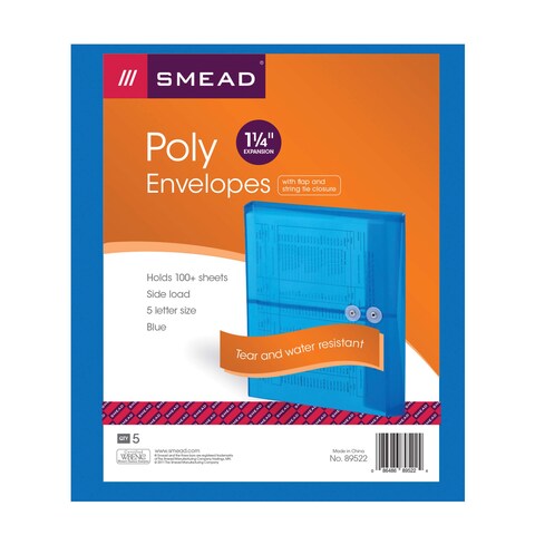 Smead Poly Envelope 114 Expansion StringTie Closure Side Load Letter Size Blue 5 per Pack 89522