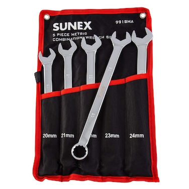 Sunex Tools 9918MA Metric VGroove Combination Wrench Set 20mm  24mm Fully Polished 5Piece Includes RollCase