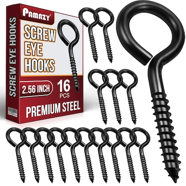 PAMAZY 16pcs Screw Eyes 256 Inch Black Eye Hooks Screw Self Tapping Eye Heavy Duty Eye Bolt for Wood Securing Cables Wire Hammock Stand Indoor  Outdoor Use