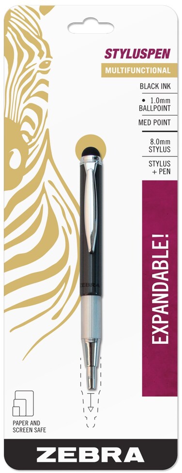 Zebra Pen StylusPen Telescopic Ballpoint Pen Medium Point 10mm Black Ink Grey Barrel 1Count