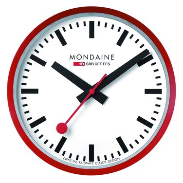Mondaine  Wall Clock A990Clock11SBC 25cm  Official Swiss Railways Clock  Red Second Hand Red Aluminium Casing  Dust Resistant Wall Clocks  Made in Switzerland