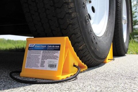 Camco 44472 Wheel Chock With Rope For Easy Removal Helps Keep Your Trailer or RV In Place Pack of 1 Yellow