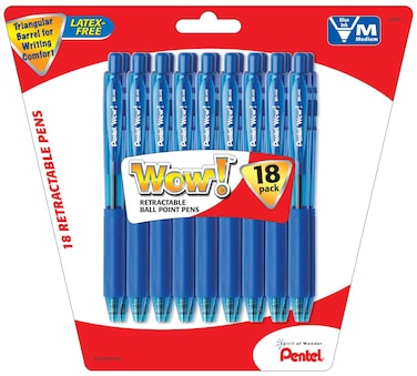 Pentel WOW Retractable Ballpoint Pens Medium Line Blue Ink 18Pack BK440BP18C